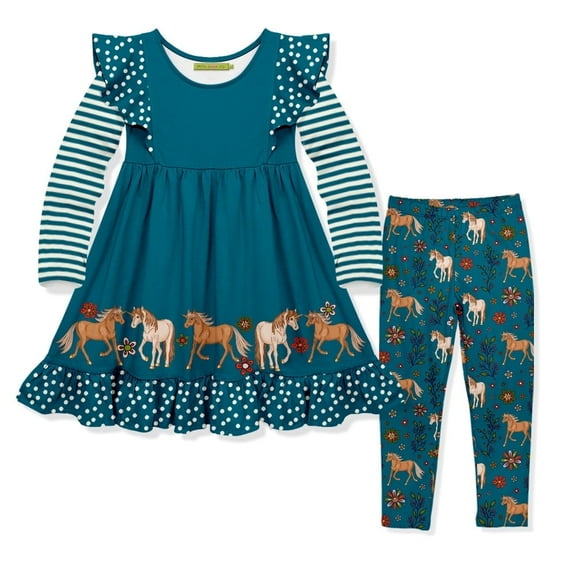 Millie Loves Lily Girls Teal Unicorn Pony Border Dress & Legging Set,Big Girl Size 6,(2-PCS)
