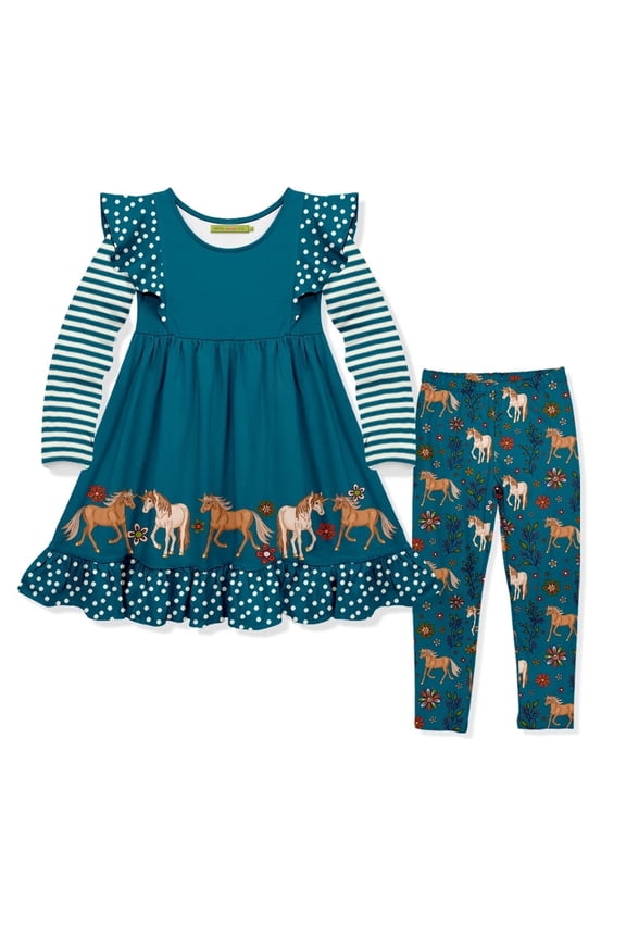 Girls Teal Unicorn Pony Border Dress & Legging Set,Big Girl Size 6,(2-PCS)