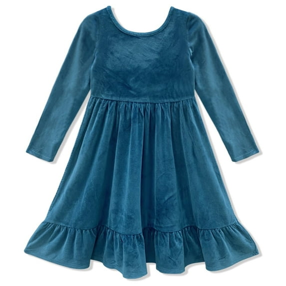 Millie Loves Lily Girls'Teal Rib Velour Long Sleeve Dress With Ruffle,Big Girls, Size 6
