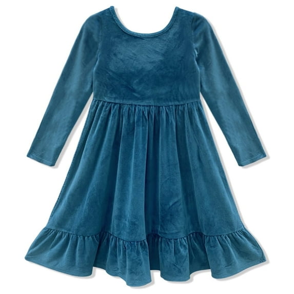 Millie Loves Lily Girls'Teal Rib Velour Long Sleeve Dress With Ruffle,Big Girls, Size 8