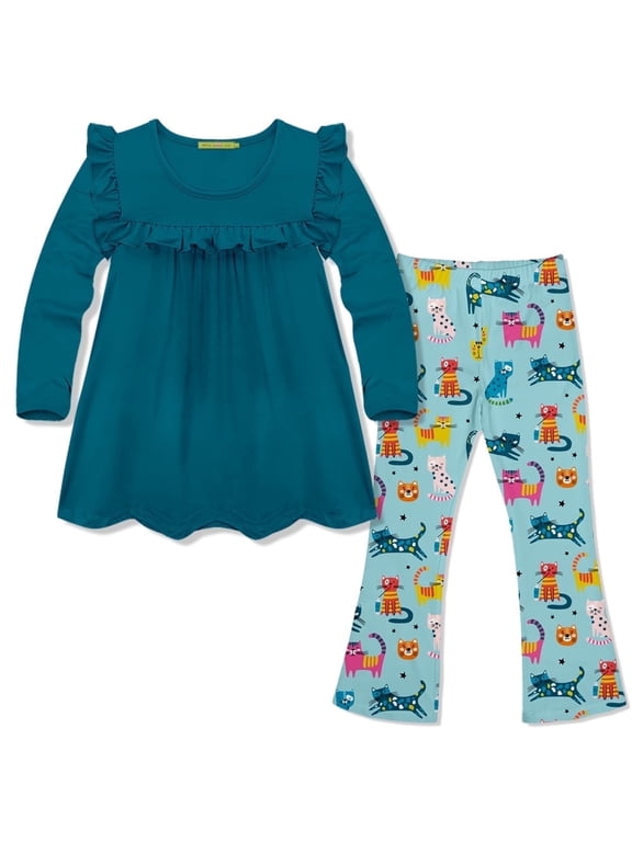 Girls Teal Ruffle Top & Kitty Legging Set Size (2T-12)
