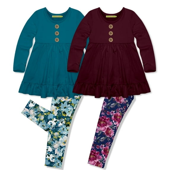 Millie Loves Lily Girls Teal and Burgundy Top & Floral Leggings 4-pcs, Toddler, 4T