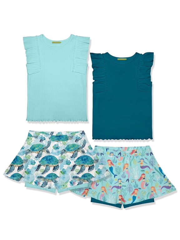 Girls Teal and Mint Rib Tops and Printed Skorts Set,Big Girls, Size 10, 4-PCS