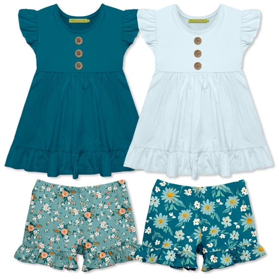 Millie Loves Lily Girls Teal and Sky Blue Tops and Printed Ruffle Shorts Set, Girls Size 5, 4-PCS