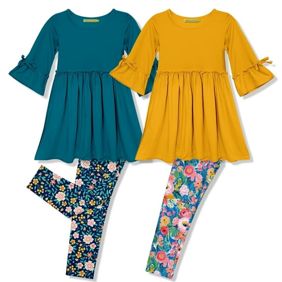Millie Loves Lily Girls Teal and Yellow Dress & Legging Set (Size 4T-12 & Plus Sizes), 4-PCS