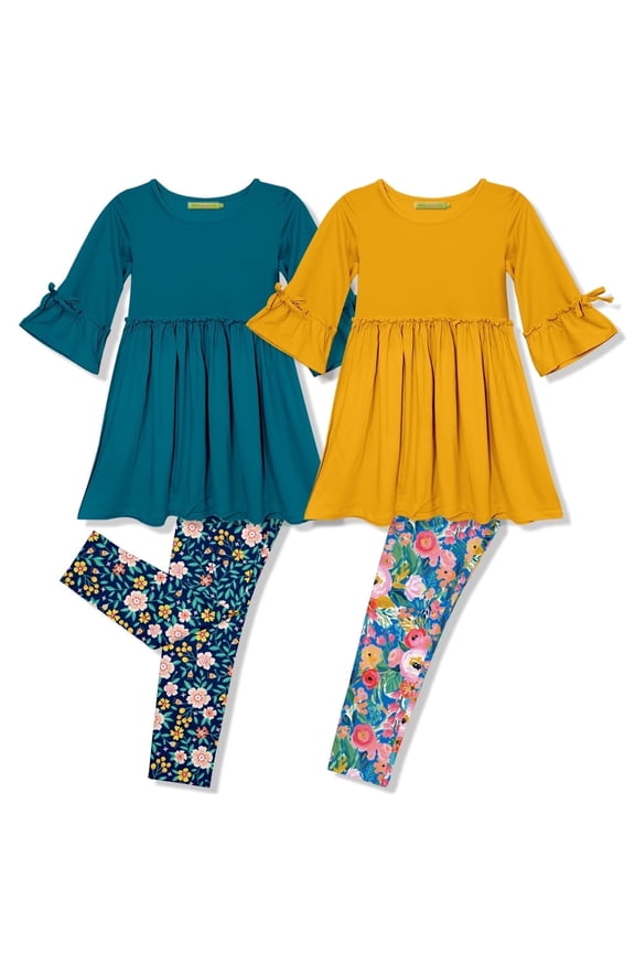 Girls Teal and Yellow Dress & Legging Set (Size 4T-12 & Plus Sizes), 4-PCS
