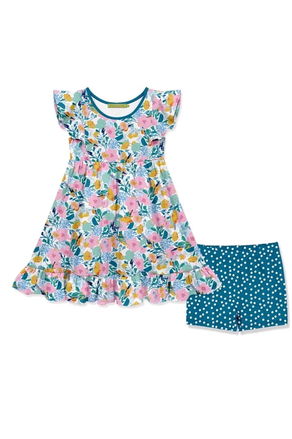 Girls Turquoise Filagree Floral Angel Sleeve Dress & Short Set, Big Girls, Size 6