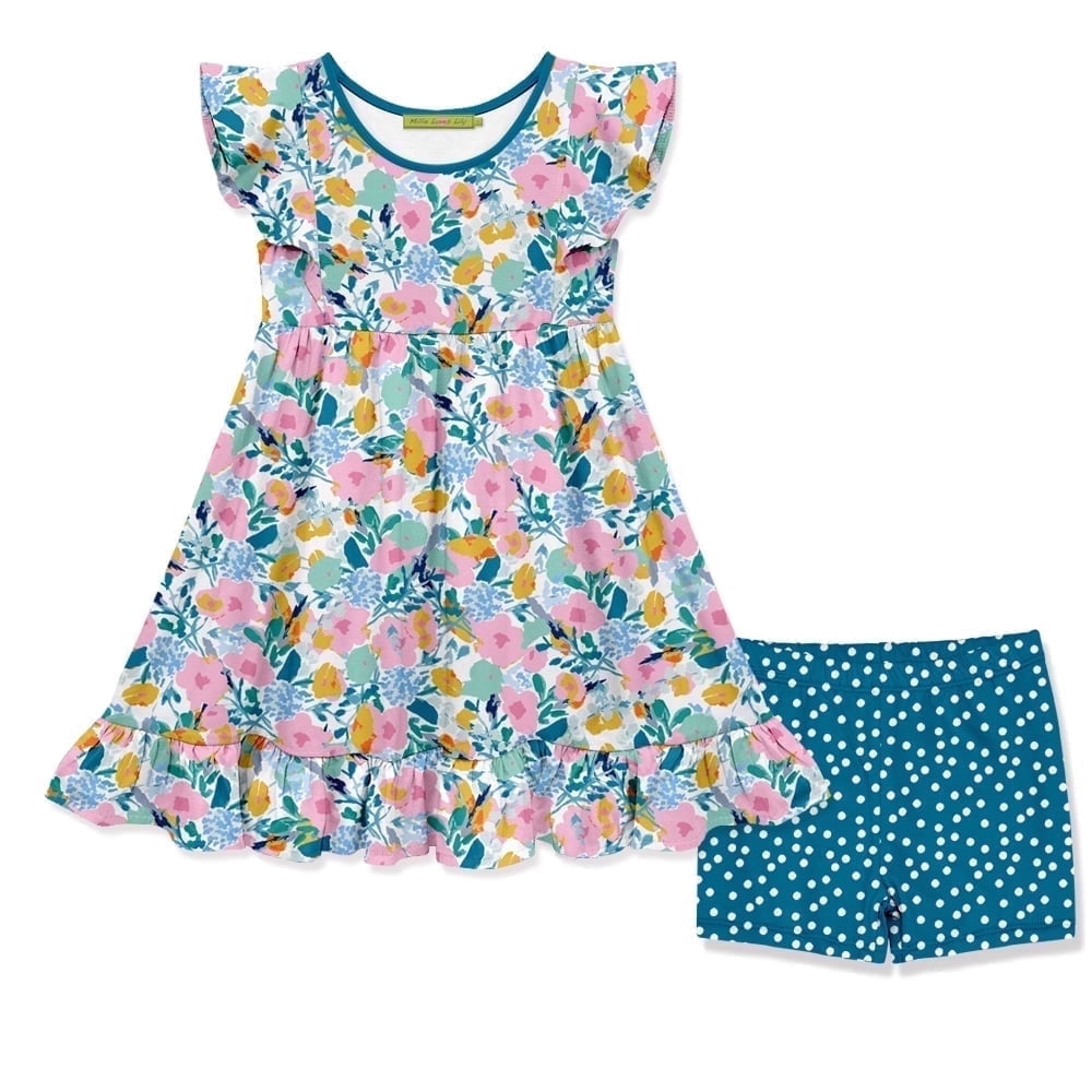 Millie Loves Lily Girls Turquoise Filagree Floral Angel Sleeve Dress & Short Set, Big Girls, Size 6