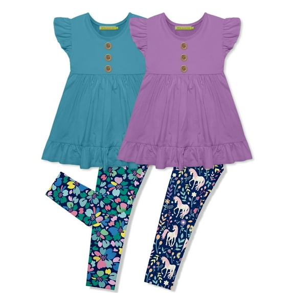 Millie Loves Lily Girls Turquoise Floral and Purple Unicorn Top & Leggings Set,Big Girls,Size 8,4-PCS