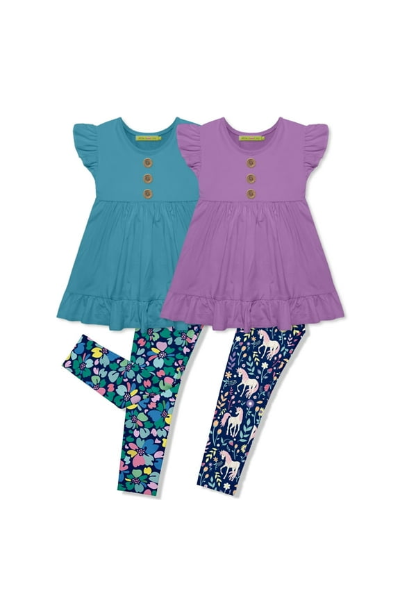 Girls Turquoise Floral and Purple Unicorn Top & Leggings Set,Big Girls,Size 8,4-PCS