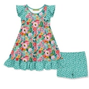 MILLIE LOVES LILY Girls Turquoise New Beginnings Floral Angel Sleeve Dress and Matching Short Set size (3T-12 & Plus Sizes)