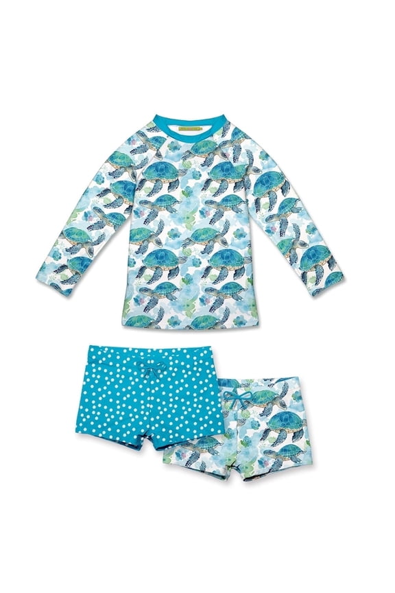 Girls Turquoise Turtle Long Sleeve Rashguard Set, UPF 50+, Big Girls, Size 6, 3-PCS