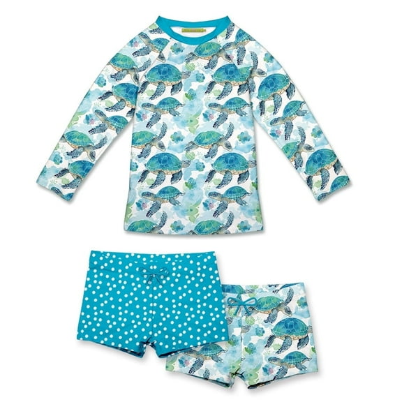 Millie Loves Lily Girls Turquoise Turtle Long Sleeve Rashguard Set, UPF 50 , Toddler Girls, Size 4T, 3-PCS