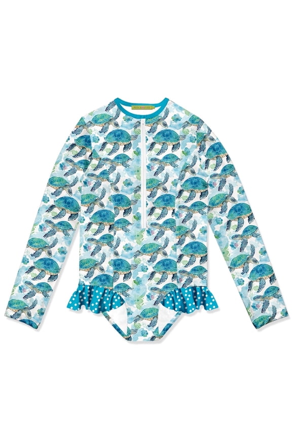 Girls Turquoise Turtle Zip Front Rash Guard, Big Girls, Size 5, UPF 50+