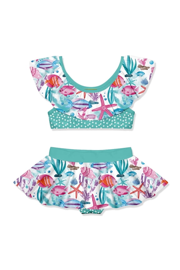 Girls Turquoise Water World 2-pc Ruffle Swimsuit, Big Girls, Size 8, 2-pcs, UPF 50+