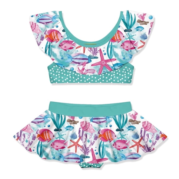 Millie Loves Lily Girls Turquoise Water World 2-pc Ruffle Swimsuit, Big Girls, Size 8, 2-pcs, UPF 50+