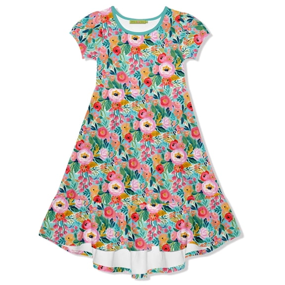 Millie Loves Lily Girls Turquoise and Pink Floral Hi- Low Midi Dress, Big Girls Size 5