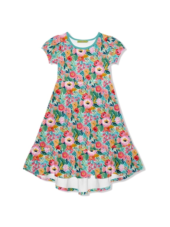 Girls Turquoise and Pink Floral Hi- Low Midi Dress, Big Girls Size 6