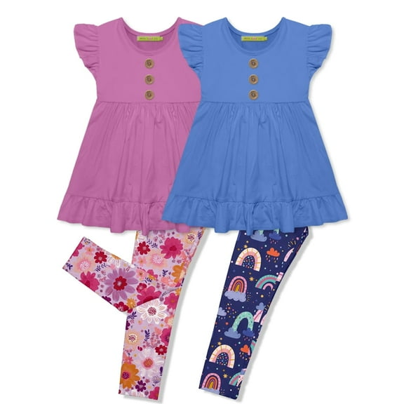 Millie Loves Lily Girls Violet Floral and Navy Rainbow Top & Leggings Set,Big Girls,Size 6,4-PCS