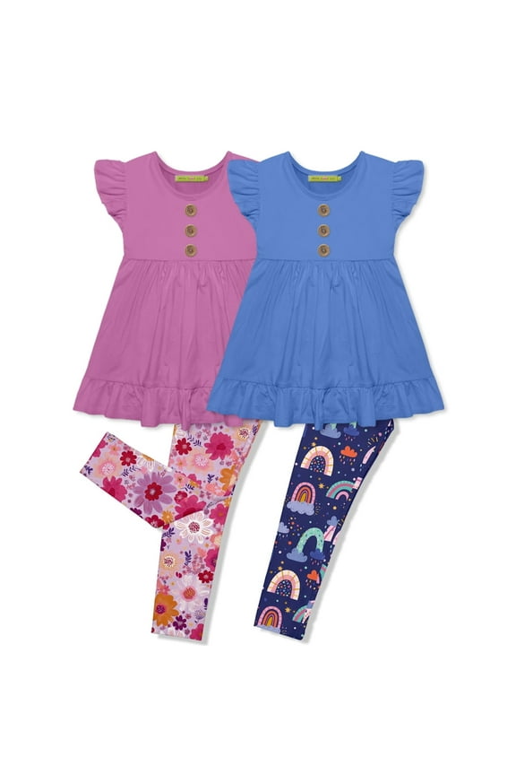 Girls Violet Floral and Navy Rainbow Top & Leggings Set,Big Girls,Size 6,4-PCS