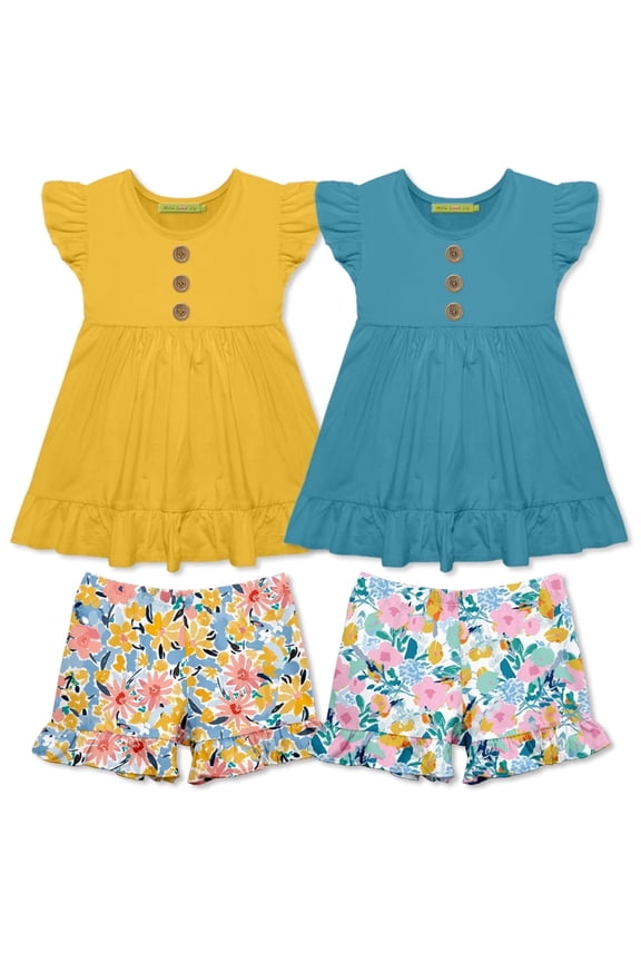 Girls Yellow and Turquoise Tops and Printed Ruffle Shorts Set, Big Girls, Size 14/16+, 4-PCS