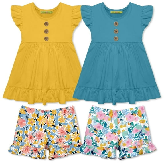 Millie Loves Lily Girls Yellow and Turquoise Tops and Printed Ruffle Shorts Set, Toddler Girls, Size 3T, 4-PCS