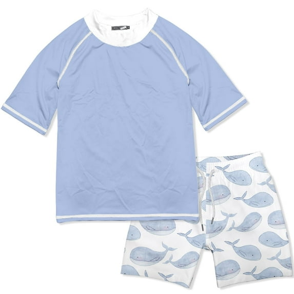 Millie Loves Lily Male White & Periwinkle Whale Short-Sleeve Rashguard Swimsuit Set, Size 2-10