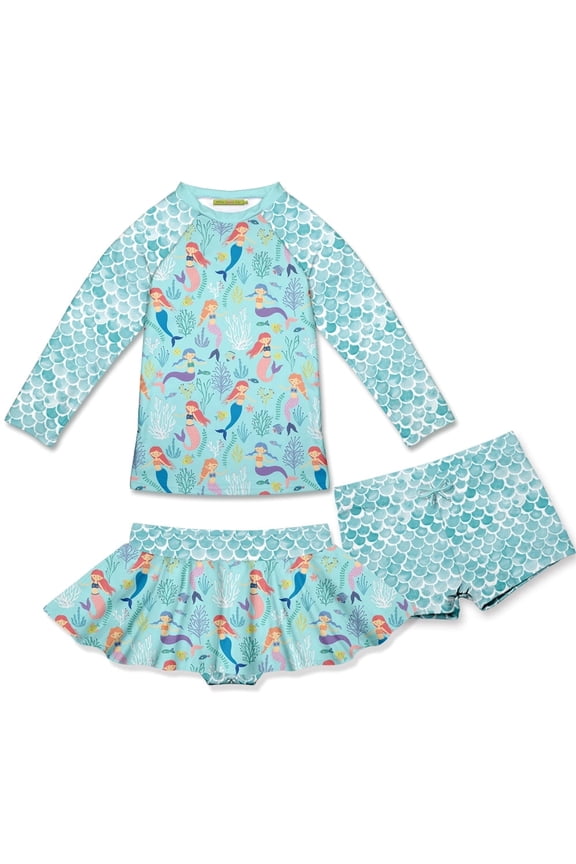Girls Mint Mermaid Rashquard With Skirty Bottom and Shorts, Big Girls Size 6, 3-pcs, UPF 50+