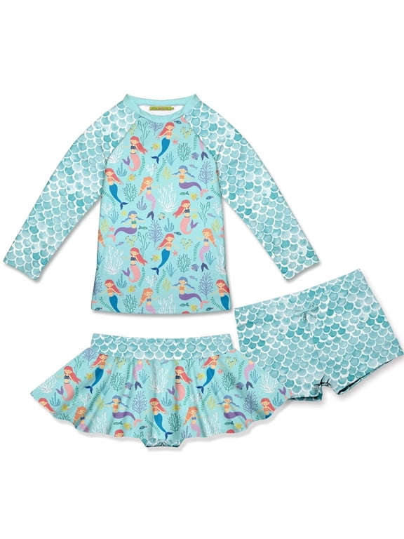 Girls Mint Mermaid Rashquard With Skirty Bottom and Shorts, Big Girls Size 8, 3-pcs, UPF 50+