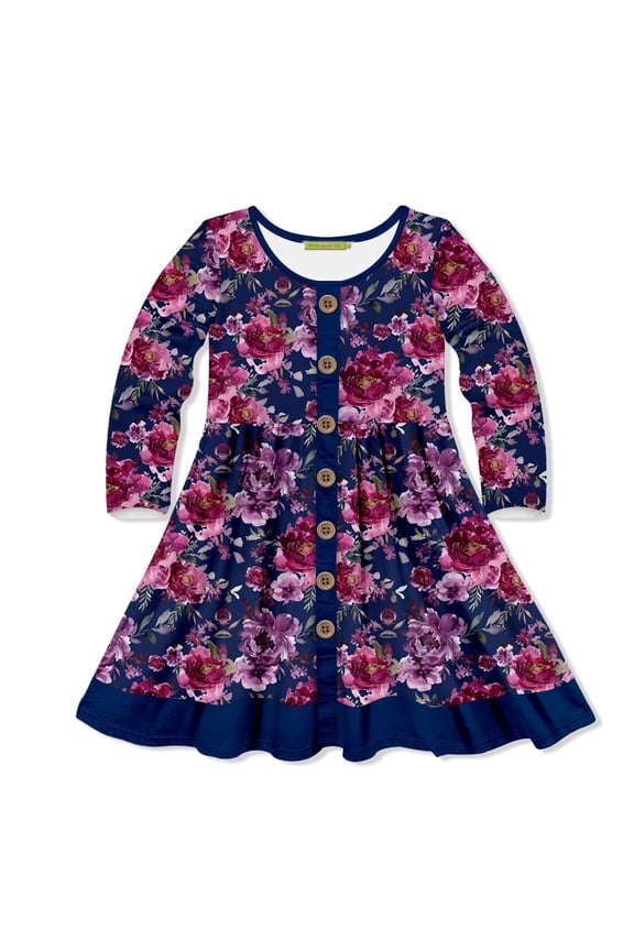 Navy Floral Dress with Decorative Buttons and Contrast Banding, Toddler, Size 4T