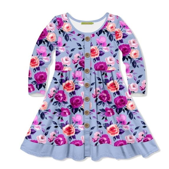 Millie Loves Lily Periwinkle Floral Dress with Decorative Buttons and Contrast Banding Big Girls,Size 6