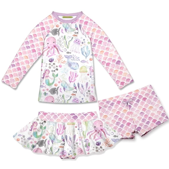 Millie Loves Lily Girls Pink Octopus Rashquard With Skirty Bottom and Shorts, Big Girls Size 6, 3-pcs, UPF 50+