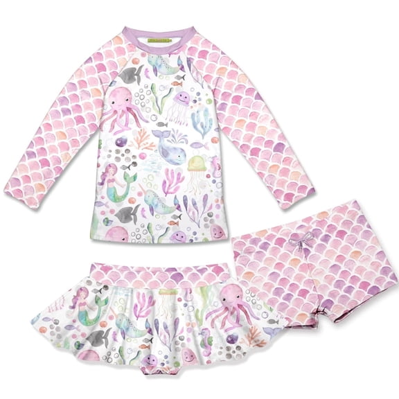 Millie Loves Lily Girls Pink Octopus Rashquard With Skirty Bottom and Shorts, Big Girls Size 8, 3-pcs, UPF 50+