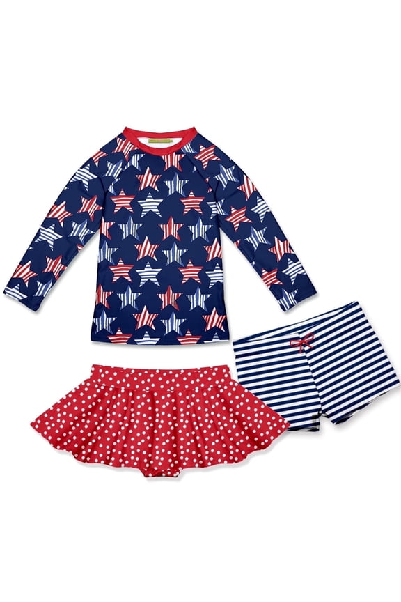 Girls Red,Wht,Blue Stars & Stripes Rashquard With Skirty Bottom and Shorts, Big Girls Size 6, 3-pcs, UPF 50+