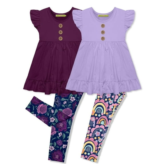 Millie Loves Lily Toddler Girls Plum & Orchid Dusk Floral & Candy Rainbow 4-pc Legging Set (2T-12)