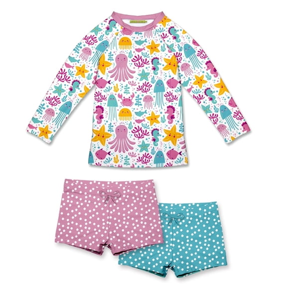 Millie Loves Lily Turq & Pink Ocean Wonder Long-Sleeve Rashguard Set, Big Girl Size 8, 3-pcs, UPF 50+