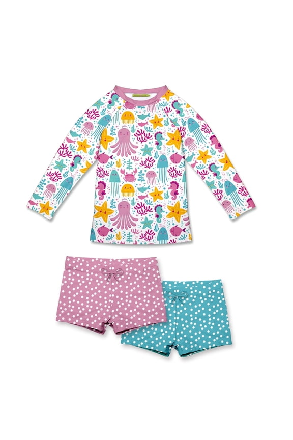 Turq & Pink Ocean Wonder Long-Sleeve Rashguard Set, Big Girl Size 8, 3-pcs, UPF 50+