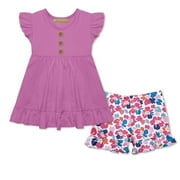 MILLIE LOVES LILY Violet Angel Sleeve Top & Block Floral Print Shorts Set,(Size 3T-12),2PCS