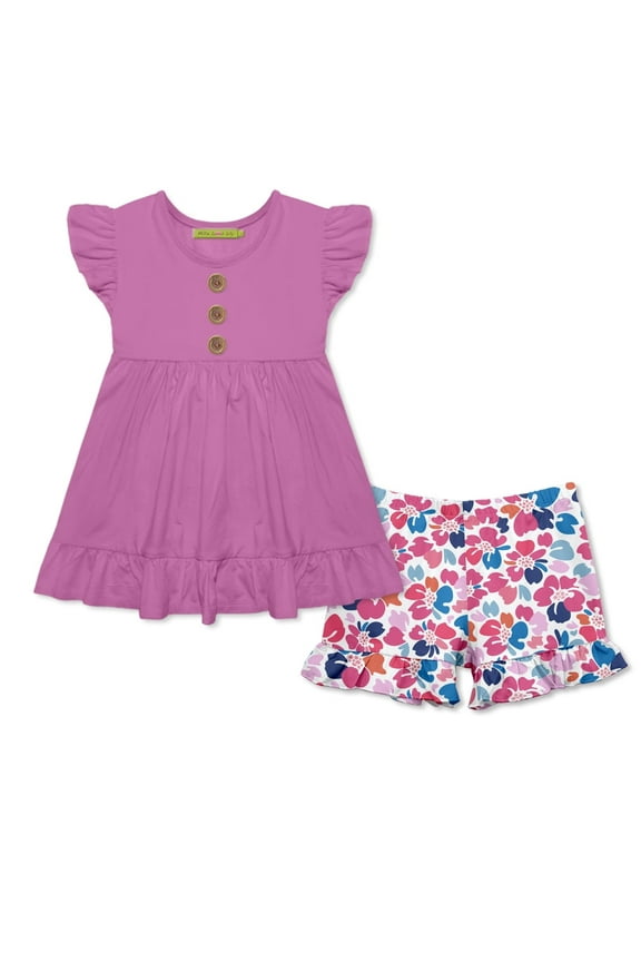 Violet Angel Sleeve Top & Block Floral Print Shorts Set,(Size 3T-12),2PCS