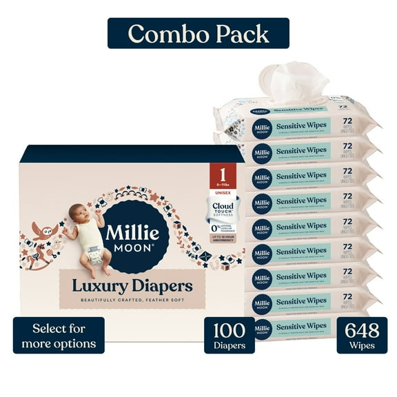Millie Moon Luxury Diapers, Size 1, 100 Count, and Millie Moon Sensitive Baby Wipes, 9 Pack, 648 Wipes (Select for More Options)