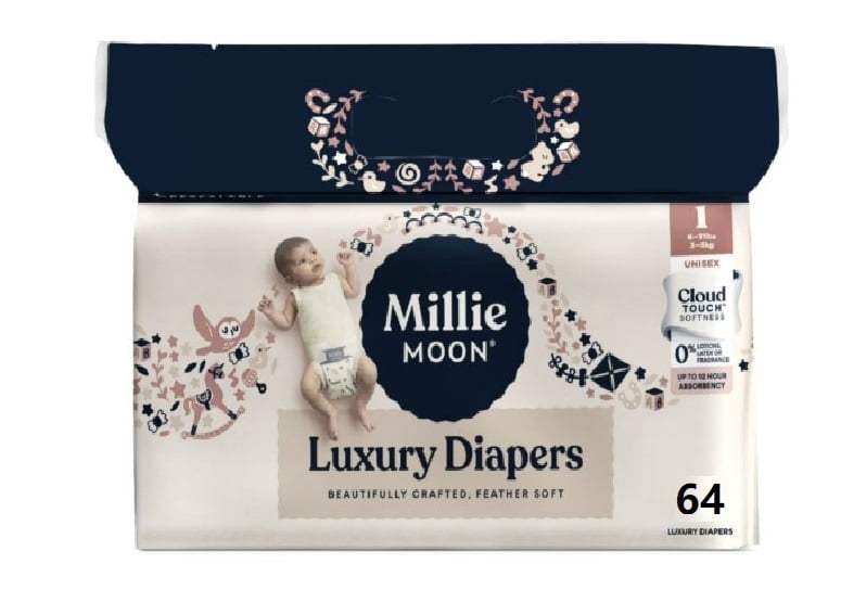 Millie Moon Luxury Diapers, Size 1, 64 Count