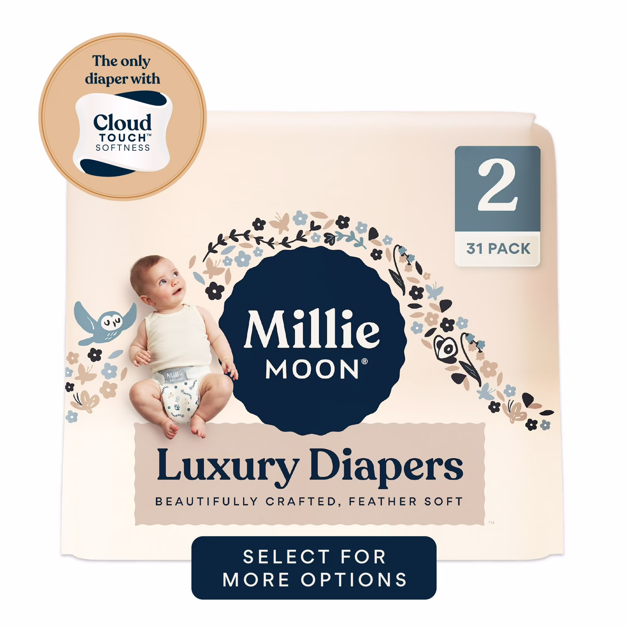 Millie Moon Luxury Diapers Size 2 CloudTouch Softness Hypoallergenic, Ultra-Absorbent 31 Count