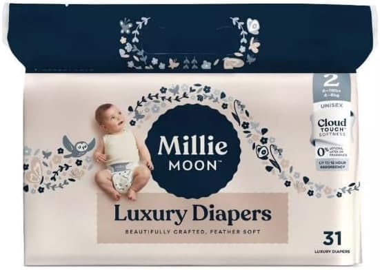 Millie Moon Luxury Diapers, (Size - 2 and 31 Count) Weight Range: 9 to 18 lbs