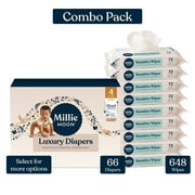 Millie Moon Luxury Diapers, Size 1, 100 Count, and Millie Moon Sensitive Baby Wipes, 9 Pack, 648 Wipes (Select for More Options)