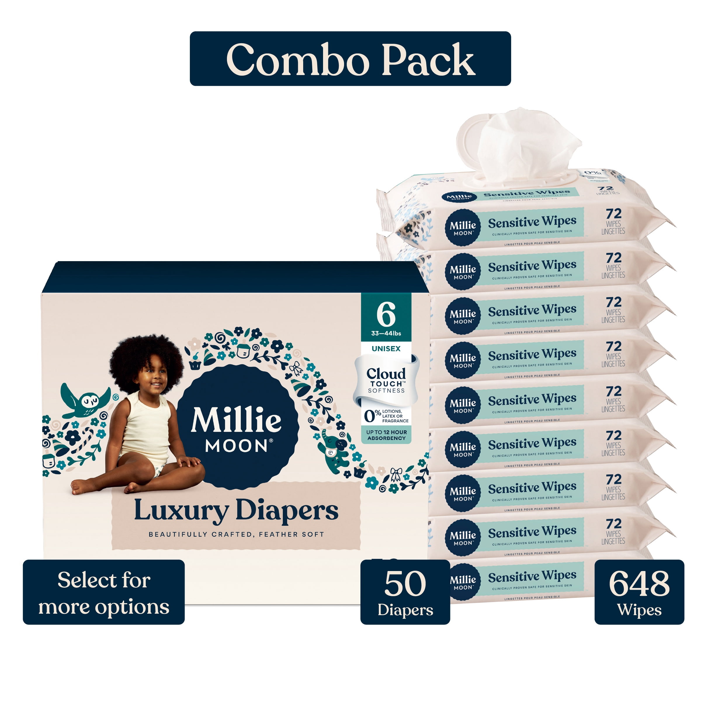 Millie Moon Luxury Diapers, Size 6, 50 Count, and Millie Moon Sensitive Baby Wipes, 9 Pack, 648 Wipes (Select for More Options)
