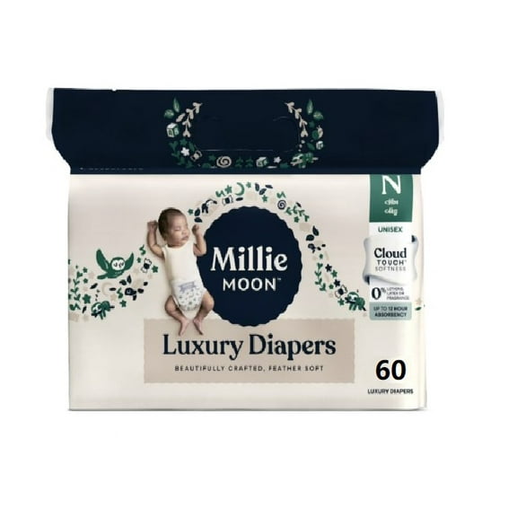 Millie Moon Luxury Diapers, Size Newborn, 60 Count