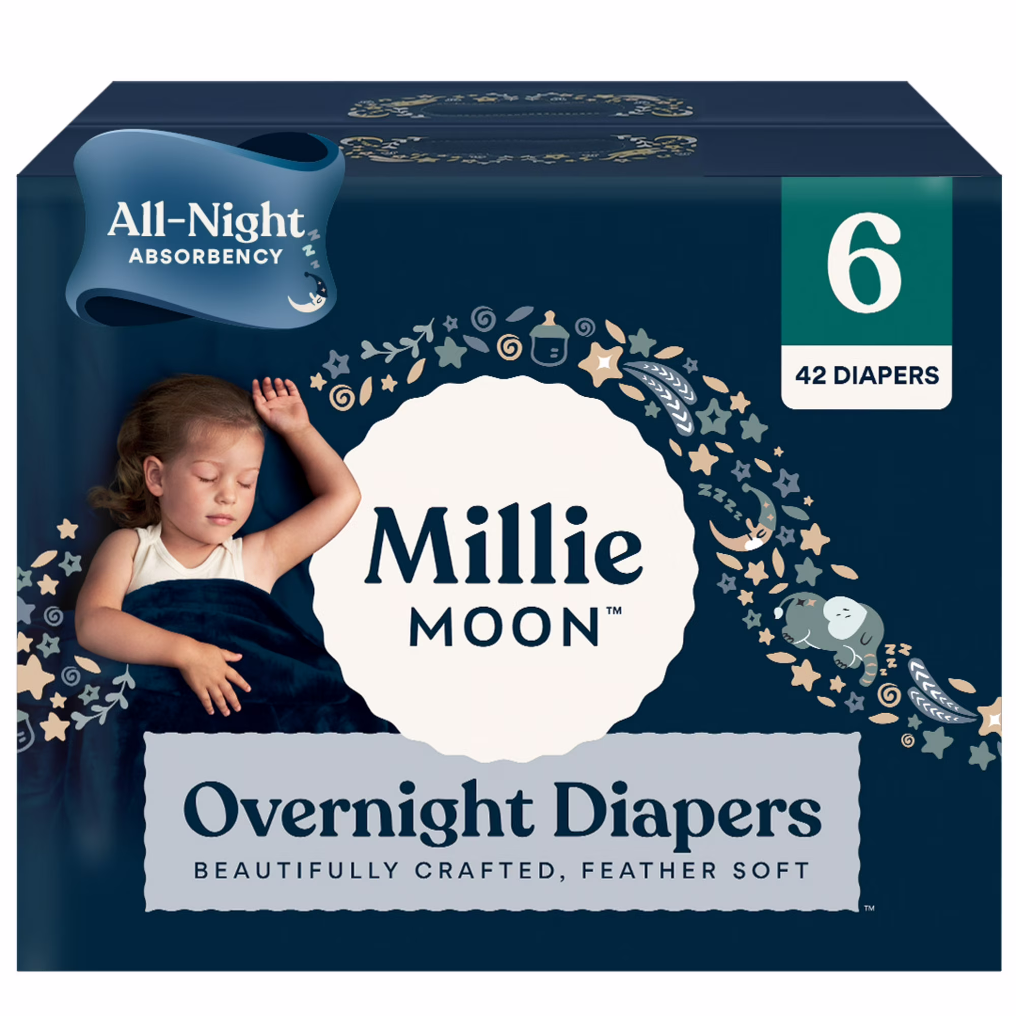 Millie Moon Overnight Diapers All-Night Absorbency | CloudTouch Softness | Size 6, 42 Count