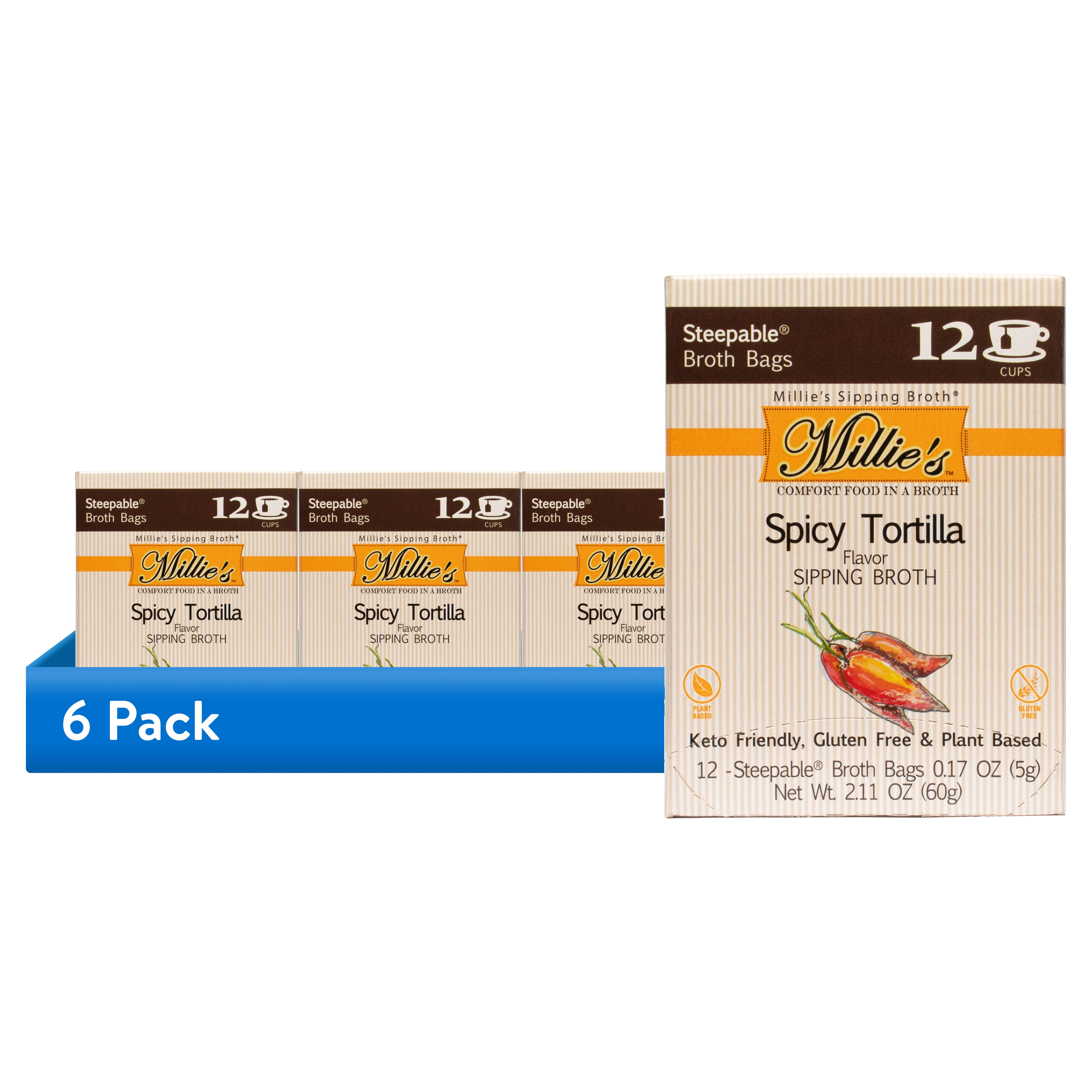 (6 pack) Millie's Sipping Broth, Steepable Broth Bags, Spicy Tortilla, 12 pack