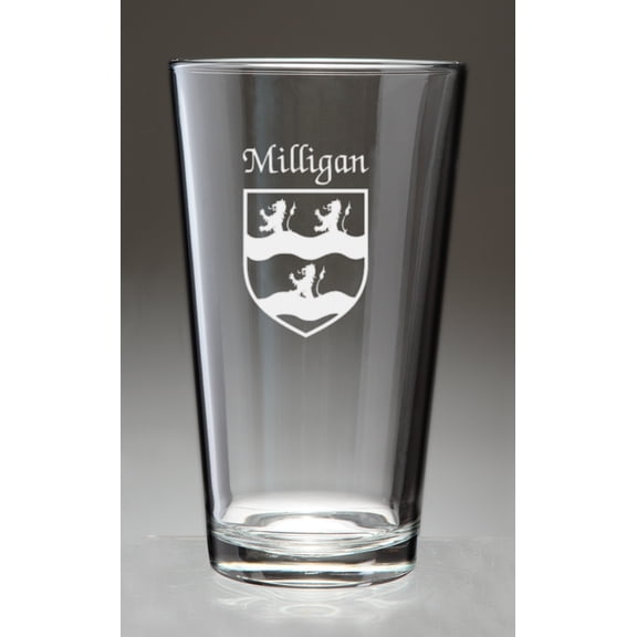 Milligan Irish Coat of Arms Pint Glasses - Set of 4 (Sand Etched)