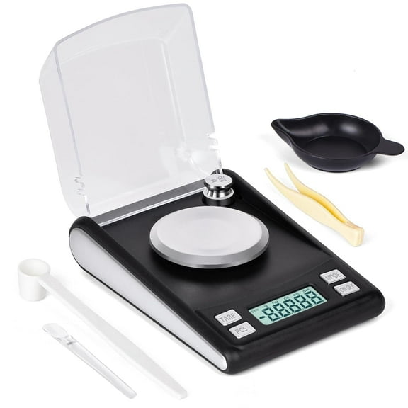 Milligram Scales 50 x 0.001 g, Digital Scales with LCD Display, High Precision Electronic Kitchen Scale, Portable Mini Scales with 20 g Calibration Weights, Scoops, Tweezers and Weighing Pans